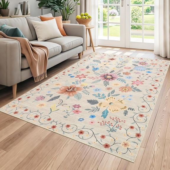 6x9 Floral Area Rug, Washable Non Slip Ultra Thin Flat Woven Soft Carpet for Living Room Bedroom Dining,Beige