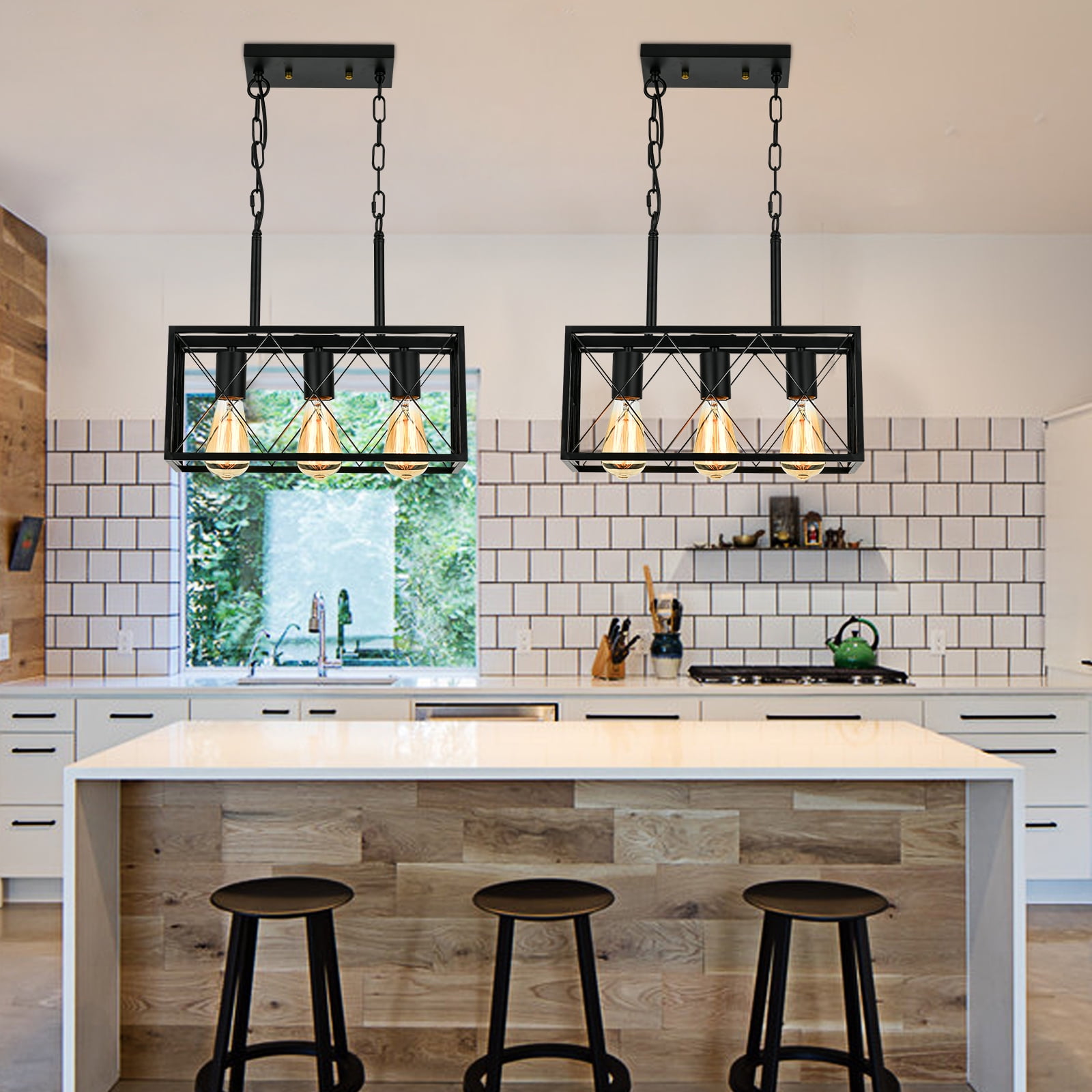 Kitchen Island Lighting, 3 Light Farmhouse Linear Chandelier for Dining Room Pool Table Pendant Light Fixture, Wood Grain FinishLength AdjustableBlack