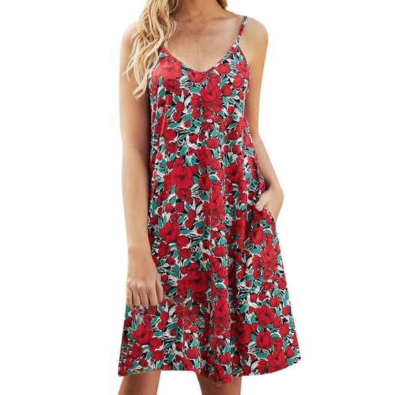 IROINNID Women's Sundress Summer Sexy Fashion Casual Suspender Flower Pattern Mini Dress With Pockets Prints Drop Waist Dress