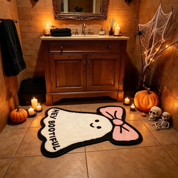 Halloween Ghost Bath Mat, Pink Bow Tufted Area Rug 31.5x19.7 inch, Non-Slip Soft Absorbent Floor Mat for Bathroom and Bedroom