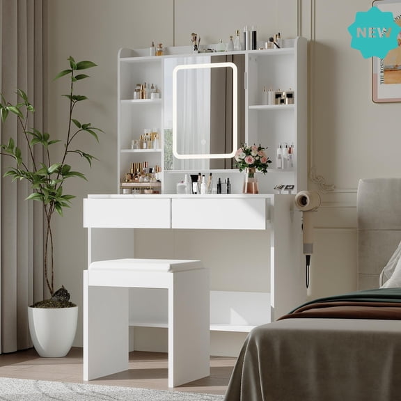 Makeup Vanity Desk with LED Mirror, Storage Drawers, USB & Type-C Outlets – Padded Stool Included, Modern Dressing Table for Bedroom