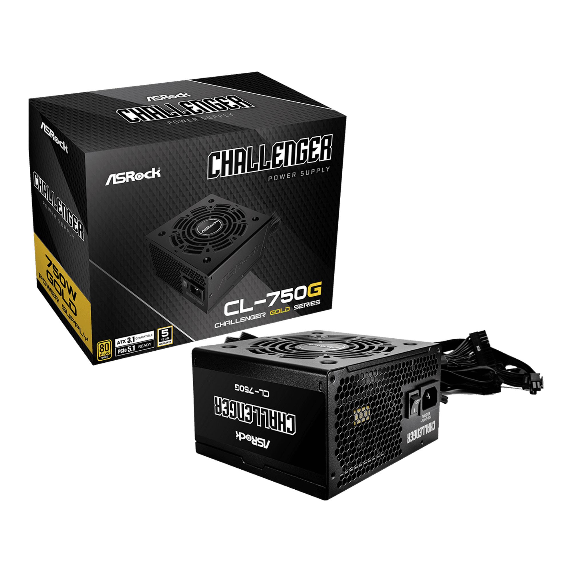 ASRock Challenger CL-750G 750W 80 PLUS GOLD Certified Non-Modular Power Supply, ATX3.1 & PCIe5.1 Ready with Dual Color 12V-2x6 Cable, 5 Years Warranty