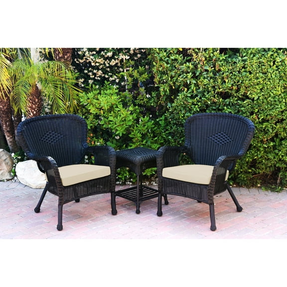 Jeco W00214-2-CES001 Windsor Black Wicker Chair & End Table Set with Ivory Chair Cushion