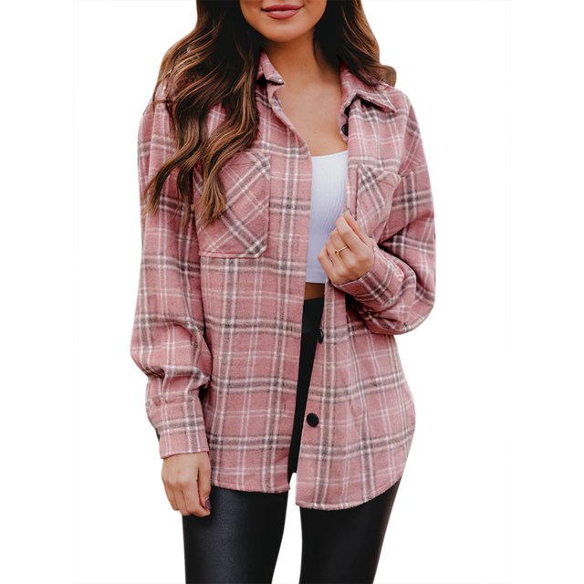 Txlixc Blusa de mujer, chaqueta de camisa de botón de manga larga con solapa a cuadros, traje de otoño de mujer Txlixc moda