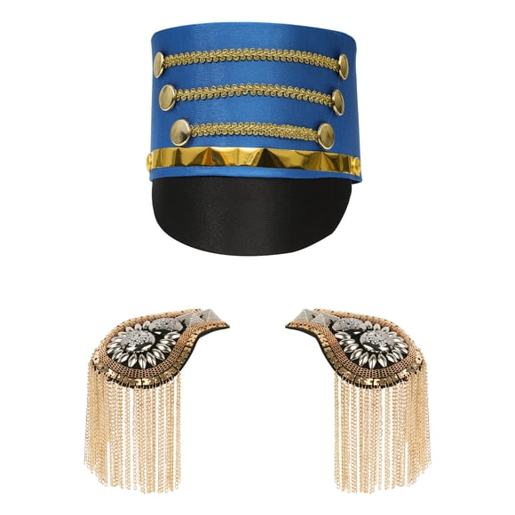 Fldy Chapeau de Majorette pour Enfants, Chapeau de Fanfare avec Pompon, Épaulette, Chapeau de Soldat Jouet, Fête, Bleu Marine, 2, Taille Unique