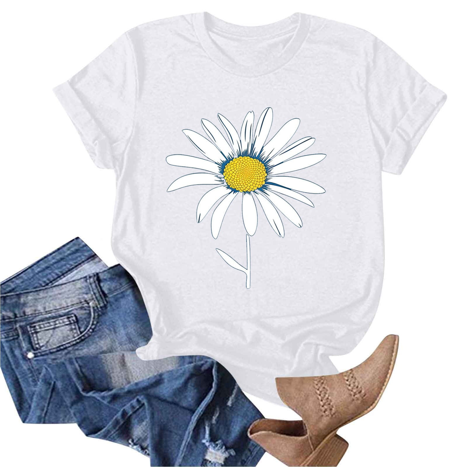 Womens Soft Basic tee Floral Tops Long Sleeves for Women White Flower Shirt for Women mom Baseball Shirts for Women Bling Bling Shirt Womens Sleeve Bohemian Floral T-shirt, Vibrant Botanical Print Tee, Women\u0027s