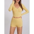 thumbnail image 2 of ZAXARRA Women's Summer Ribbed Loungewear Set, Solid Color Long Sleeve V-Neck Button Front Cropped Tops + Shorts 2 Pieces Sleepwear, 2 of 9