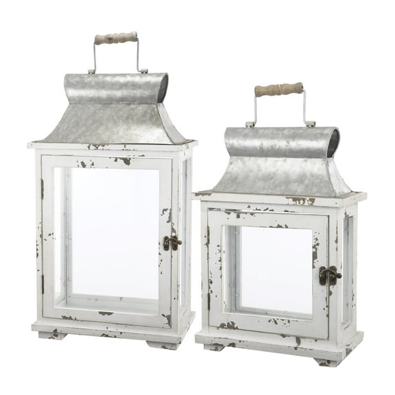 A&B Home Set of 2 Farmhouse Style Wooden Lanterns with Galvanized Top