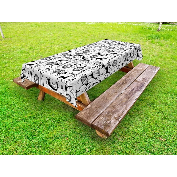Tribal Outdoor Tablecloth, African Primitive Pattern with Cultural Mask Animal and Arrows Folk Design, Decorative Washable Fabric Picnic Table Cloth, 58 X 84 Inches,Black and White, by Ambesonne