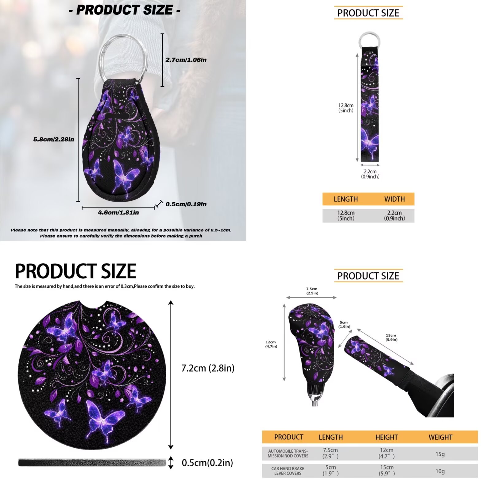 Uorisanigo Purple Butterfly 18pcs Car Seat Covers Full Set with Shoulder Strap Protector Middle Console Cover Steering Cover Headrest Protector Shift Knob Handbrake Covers Coasters Key Chains