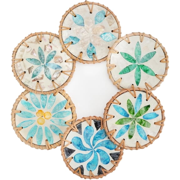 FULANDL Set of 6 Rotundity Boho Rattan Mother of Pearl Coasters, Handmade Drink Coasters for Coffee Table & Home Decor, Housewarming Gift