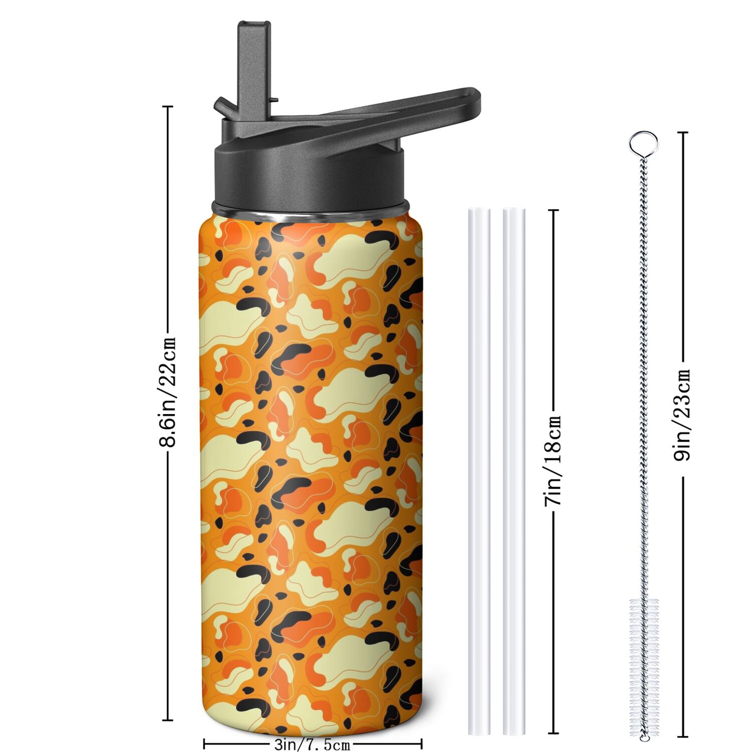 Leopard Print Insulated Stainless Steel Water Bottle with Straw & Cleaning Brush – 18 Oz | Leakproof, BPA-Free, 304 Stainless Steel, Wide Mouth, Travel Mug for Car, Gym, Office