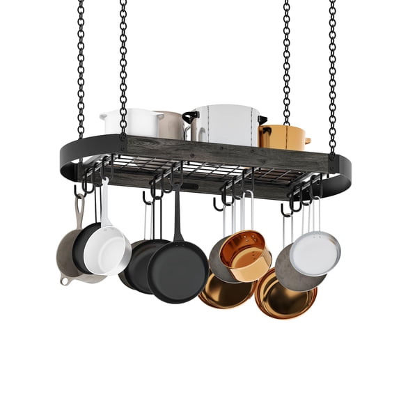 Industrial Style Ceiling Hanging Pot Rack, Space‑Saving Kitchen Pan Hanger with 16 Detachable S Hooks, Sturdy Metal Frame