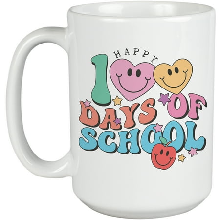

Happy 100 Days of School 90s Retro Wavy Text Art Merch Gift White 15oz Ceramic Mug