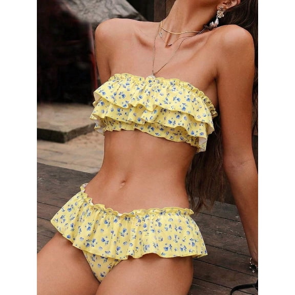 Yellow Floral Ruffle Bandeau Top And Skirt Bottoms Two-Piece Bikini Set For Women