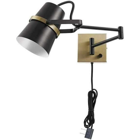 1-Light Plug-in or Hardwire Swing Arm Wall Sconce, Matte Black, Brass Accents, 6ft Black Woven Fabric Cord, Flat Plug, Rotary On/Off Switch, Wall Lighting, Bulb Not Included