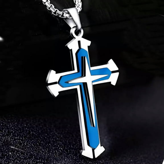 GKNET Mens Blue Layer Cross Pendant Necklace Christian Catholic Delicate Jewelry Chain 24" Gift