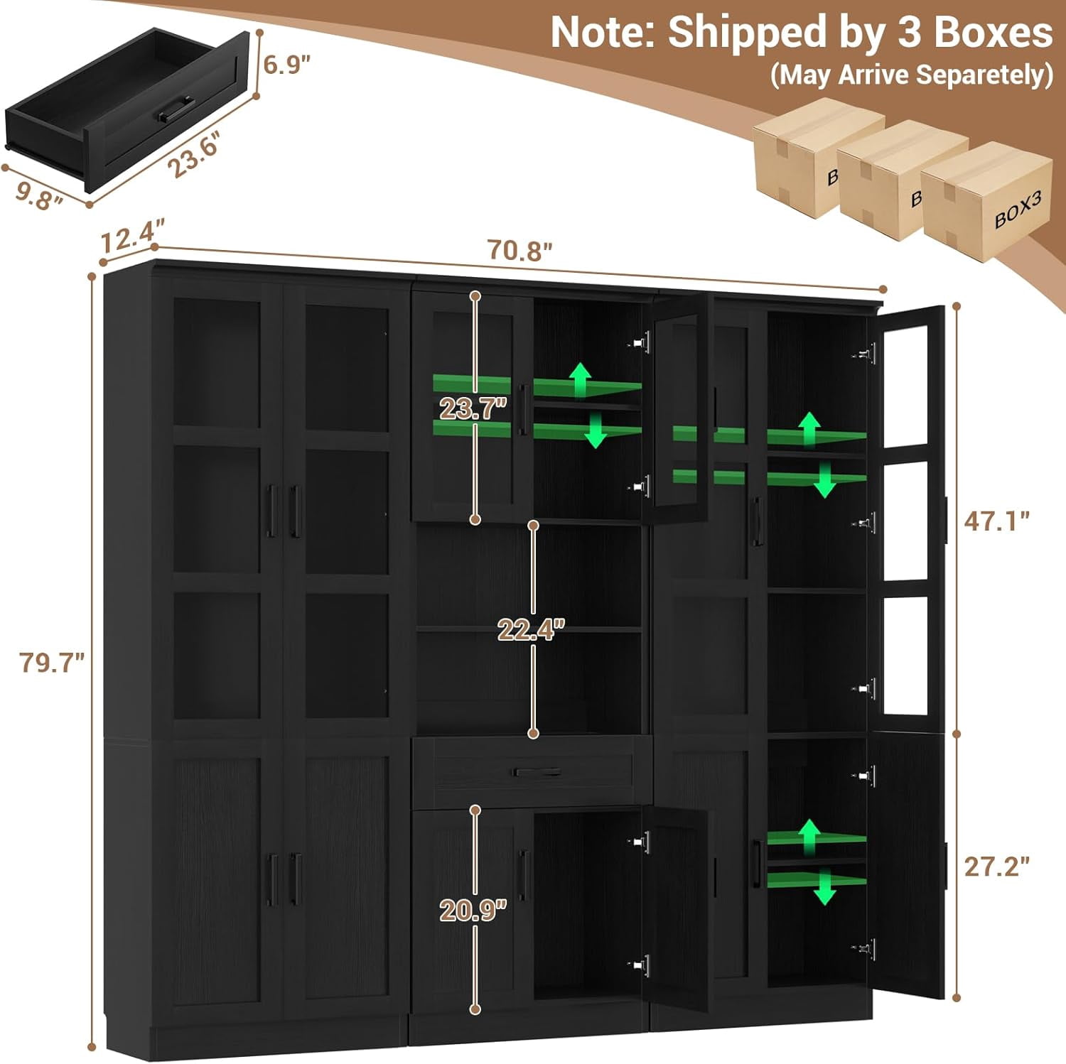 Homieasy 79.7'' Tall Pantry Cabinet 3-Piece Set - 70.8'' Width Kitchen Hutch Cabinet with Drawer and Adjustable Shelves, Suitable for Dining/Kitchen/Living Room, Black