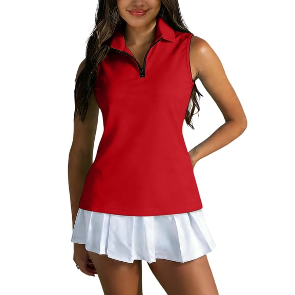 Nestiefly Womens Sleeveless Golf Shirts - Quarter Zip UPF 50 Collared Polo Shirts, Quick Dry Zip Up Tennis Sports Active Tee Red L