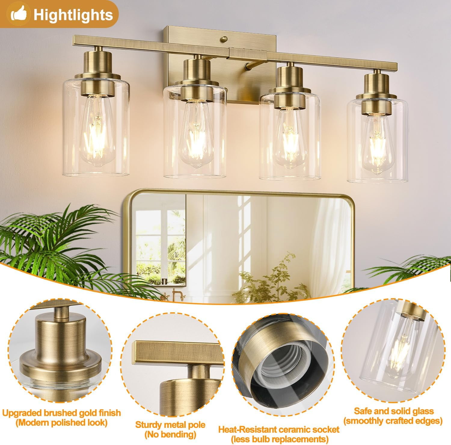 4 Light Bathroom Light Fixtures, Brass Vanity Lights for Bathroom with Clear Glass Shades, Modern Bathroom Wall Sconces for Mirror Living Room Cabinet