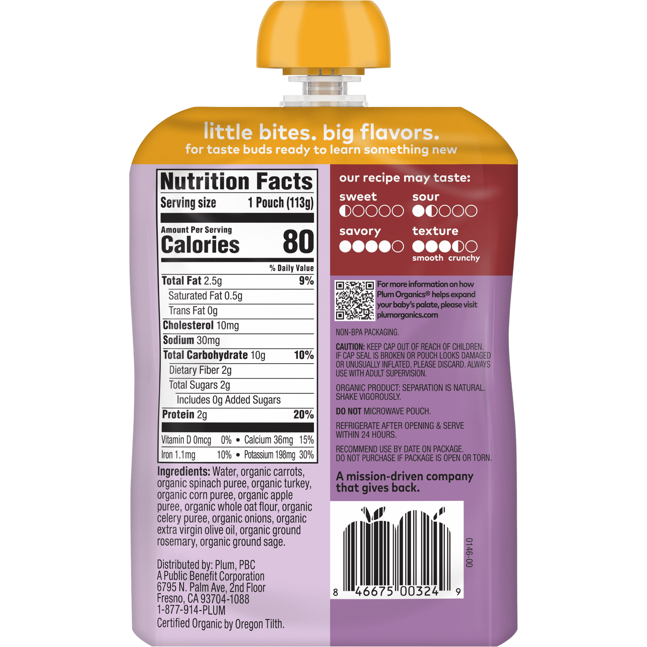 Plum Organics Stage 3 Organic Baby Food, Carrot, Spinach, Turkey, Corn, Apple, and Oat, 4 oz Pouches, 6 Pack