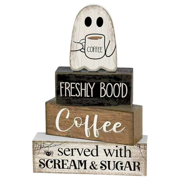 PPKVUFD 4Pcs Halloween Table Decor Coffee Ghost Wooden Sign Halloween Tiered Tray Decor Farmhouse Ghost Tabletop Centerpiece Decorative Coffee Bar Block Signs for Home Office Kitchen Shelf