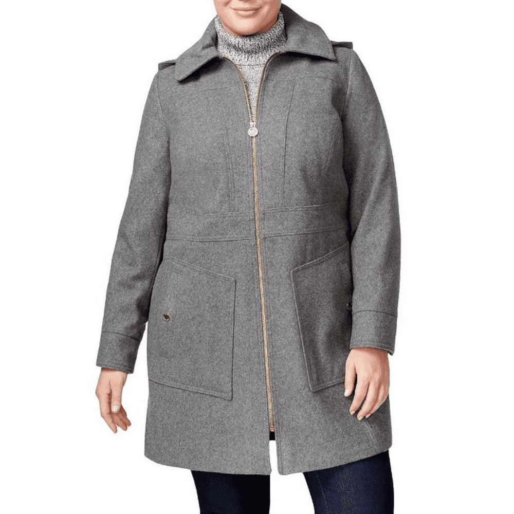 Michael Kors Women's Gray Plus Size Hooded Wool-Blend Walker Coat, Size ...