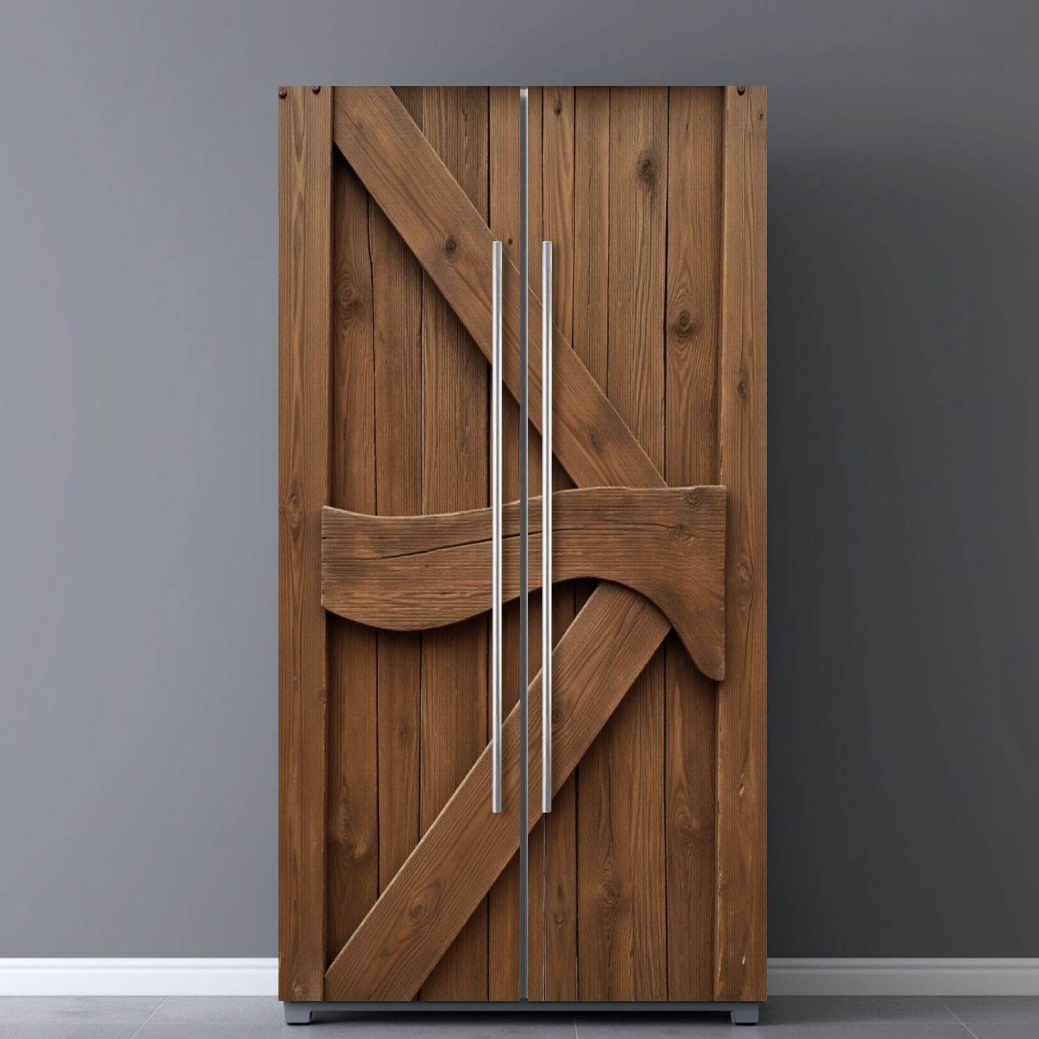Self Adhesive Vinyl Refrigerator Wrap Set Rustic Wooden Barn Doors Diagonal Bracing Natural Door Mural Removable Fridge Sticker Peel and Stick&nbsp;Full Door Cover Decal Kitchen Bar Decor