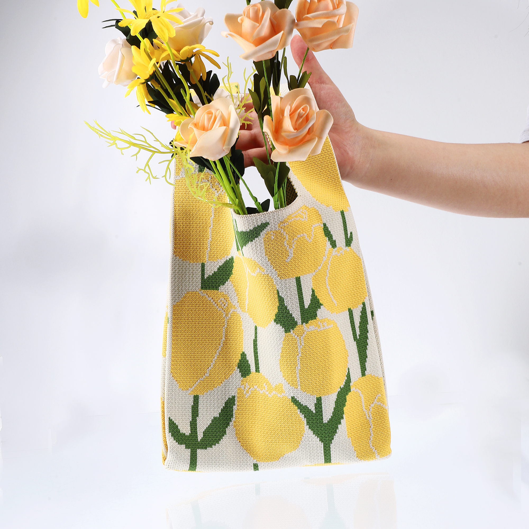 Unique Bargains Reusable Mesh Net Grocery Tote Bags Yellow Green Beige 14.17"x7.87"