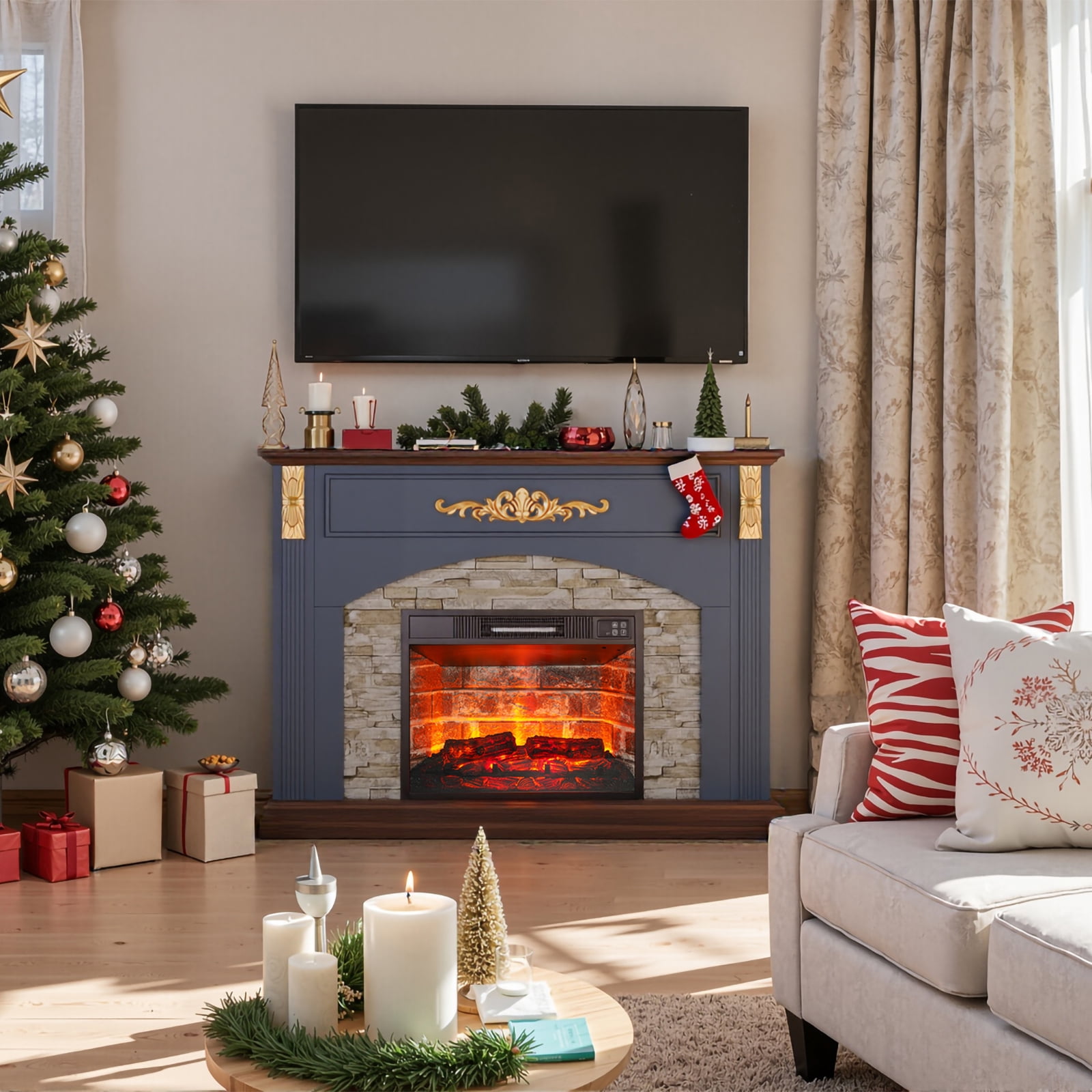 BOSHIRO 44 Inch Electric Fireplace with Mantel, Blue Wooden Surround with Gold Accents, 23" Red Brick Insert, Remote & Touch Control, Heats 400 Sq Ft