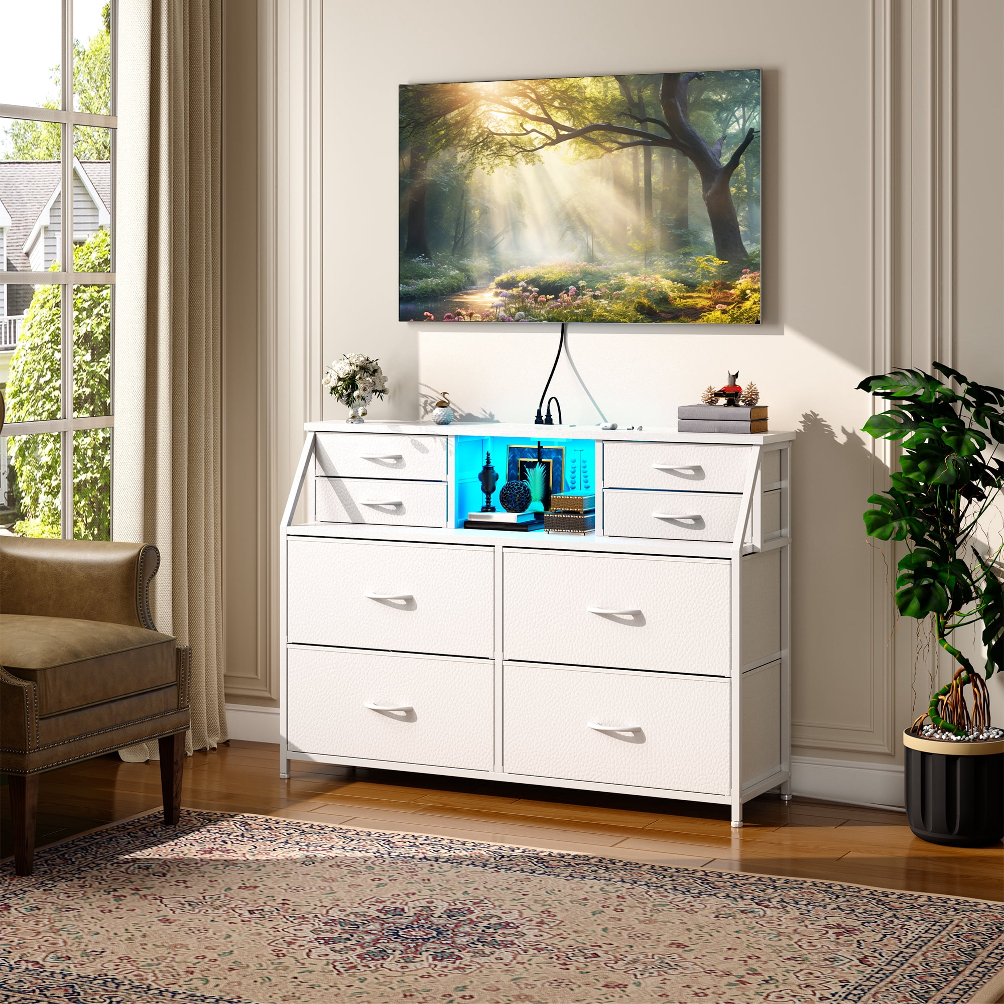 Romorgniz Dresser for Bedroom with 8 Fabric Drawers White Dresser with LED Lights & Charging Station & Open Shelf for Living Room and Entryway