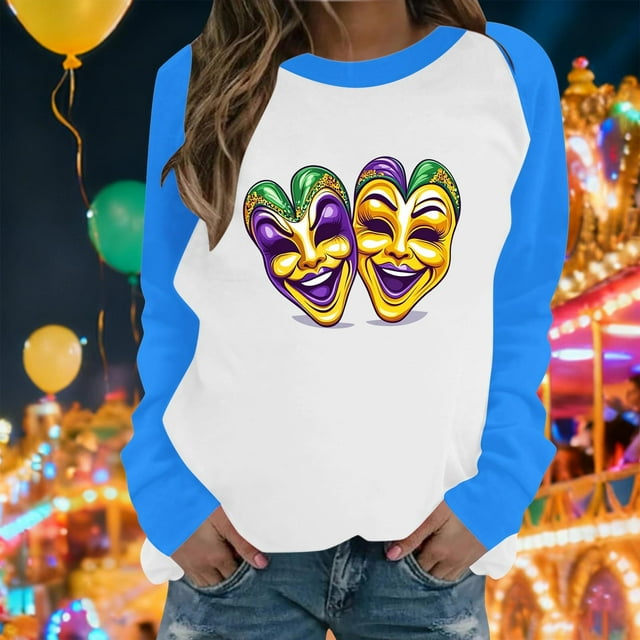 Xuyuer Mardi Gras Shirts for Women Shirt Funny Mask Graphic Tee Carnival Long Sleeve Shirt V Neck Top