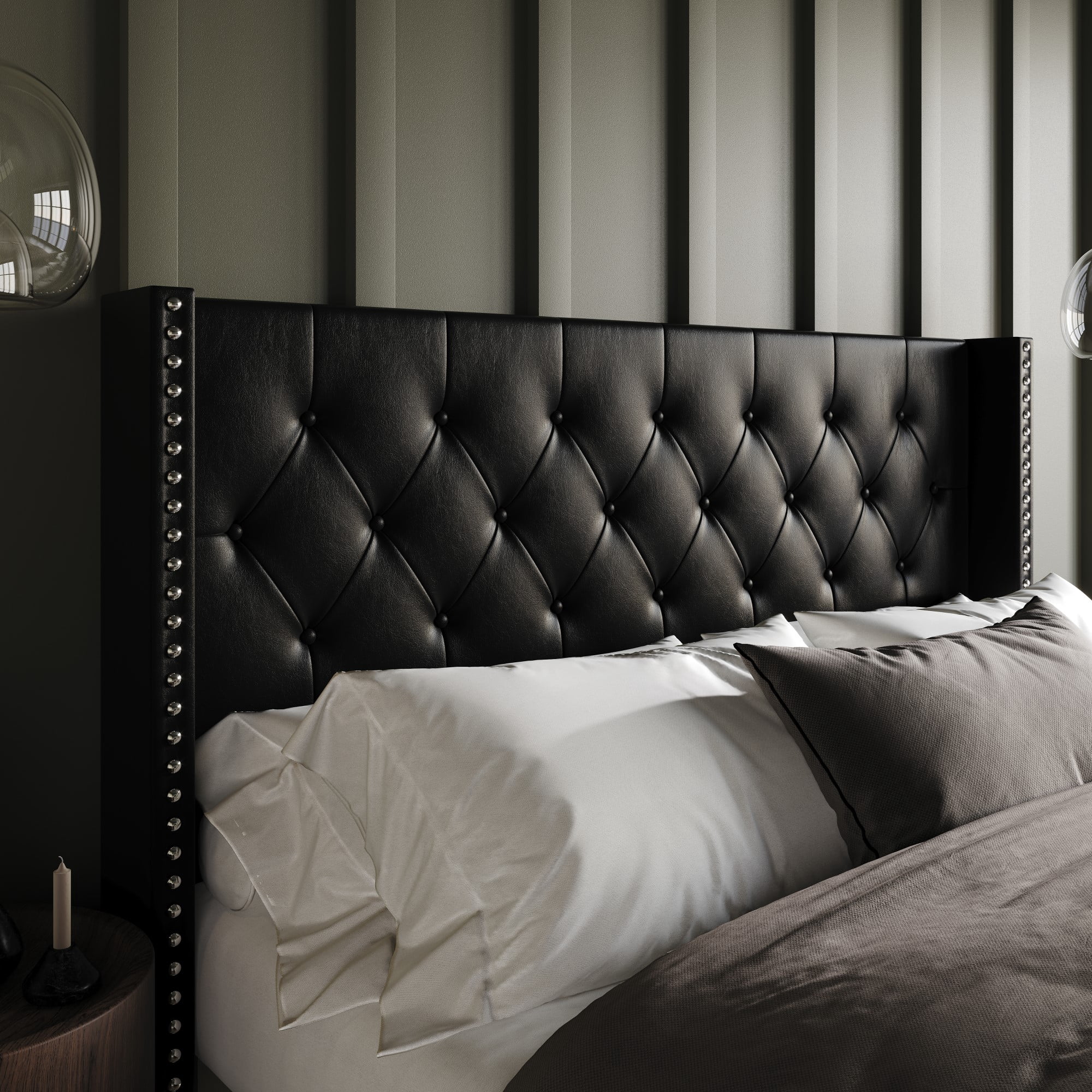 Home Design Sonoma Full Tufted Upholstered Headboard with Wingback Design and Nailhead Trim, Black, Easy Assembly