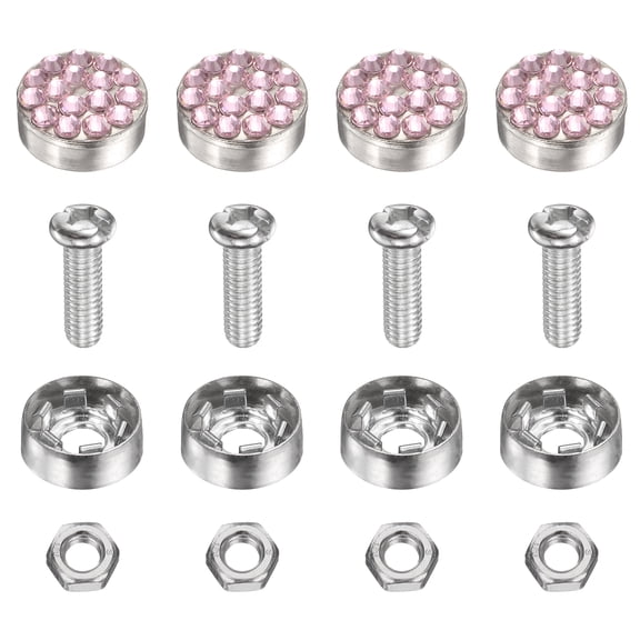 4 Pcs Anti Theft License Plate Screws Kits, Tag Plate Mounting Hardware, Rhinestone Design Screw Cap Cover Fitting for (Motorcycles/Cars/Trucks), Pink
