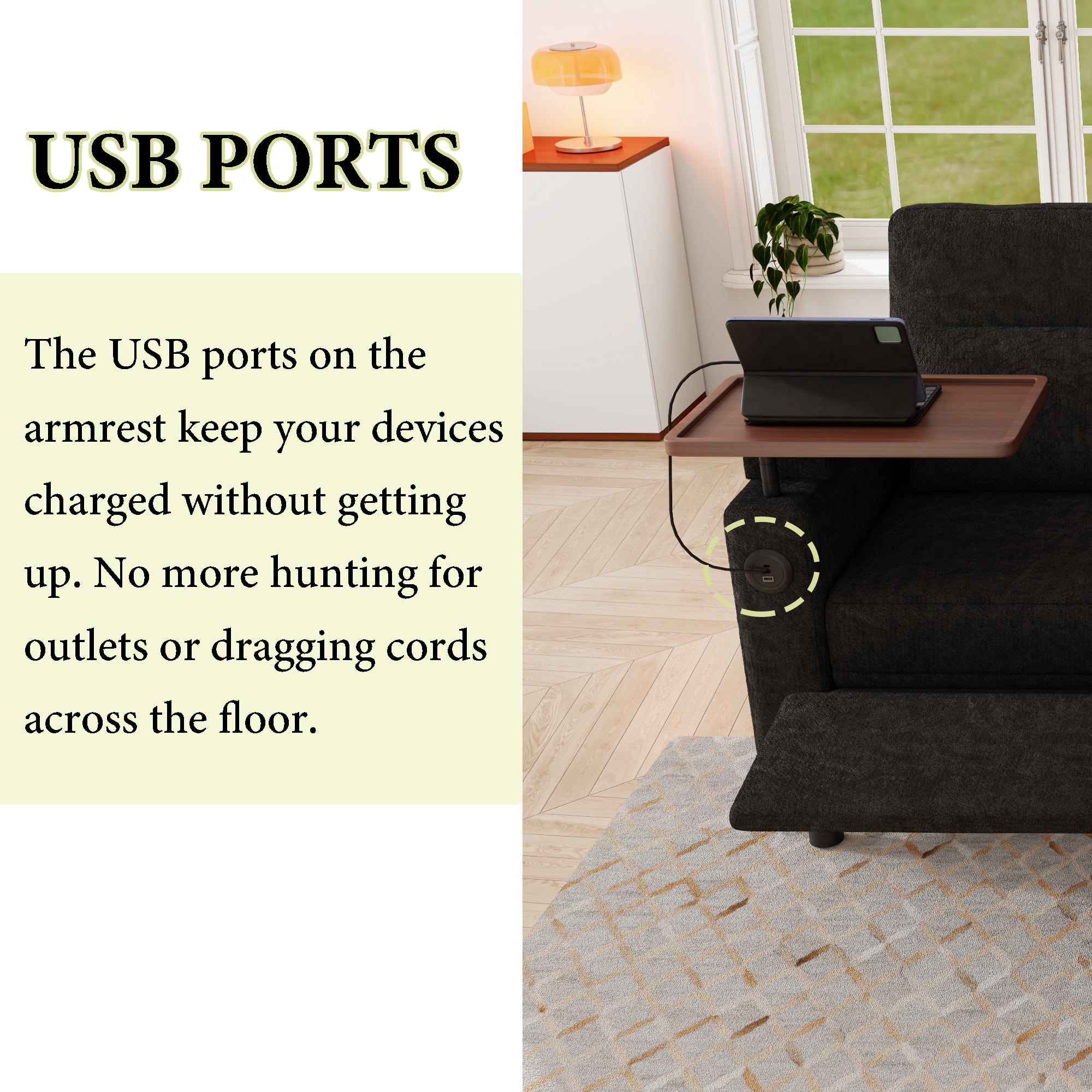 83" 3-in-1 Chenille Foldable Sofa Bed with Electric Chair,USB Ports,Table Board,Storage Armrests & Adjustable Backrest,3-Seater Sleeper,Black