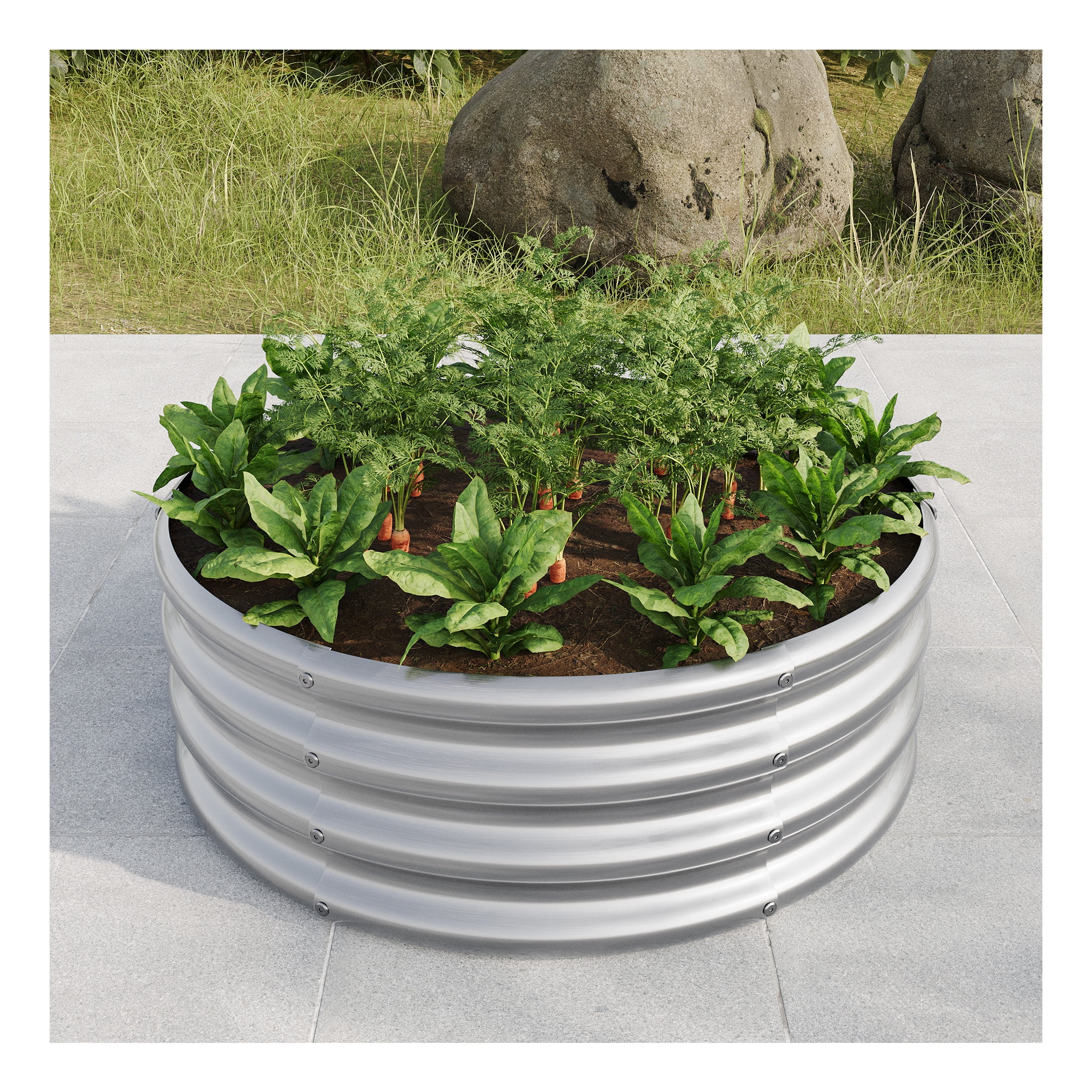 Elio Outdoor Metal 2.7x2.7x1ft Round Raised Garden Bed, 11.4" H Planter Box, Rust-Resistant, Open Bottom, Sturdy for Vegetables, Herbs, Flowers, Silver