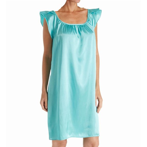 Women's Amanda Rich 209C-40 Satin Knee Length Gown with Flutter Sleeve (Aqua S)