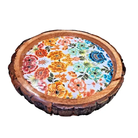 Mango Wood Round Serving Tray Decorative Platter Home Décor Multicolor Tray