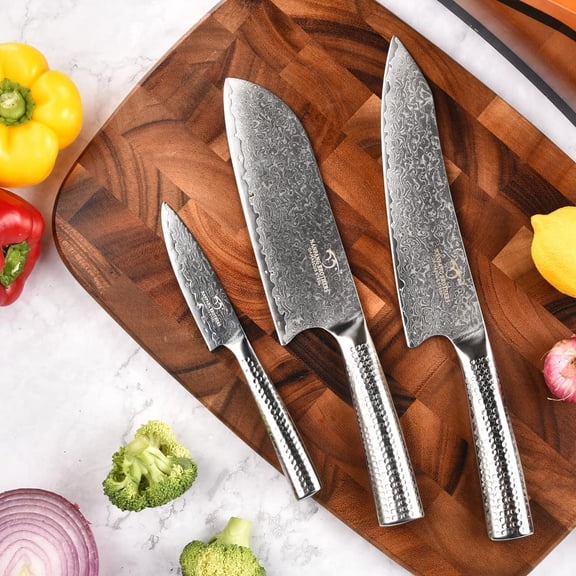 3 Pieces Damascus Kitchen Knife Set with VG10 Steel Core and Ergonomic Handle for Professional Cooking