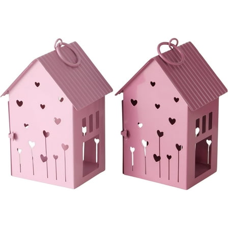 2 Piece Pink Town House Tea Light Candle Lanterns,  Hearts Pattern, 2 Count