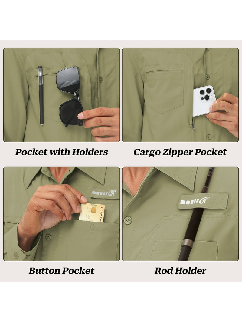 fishing shirt rod holder Weilanxin Men's Sun Protection Fishing Shirts Long Sleeve Travel Work Shirts for Men Upf50+ Button UP Shirts with Zipper Pockets Grayish Green S, Size