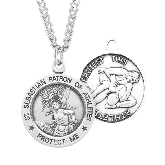 Patron Saint St Sebastian Round Sterling Silver Wrestling Medal, 24" Endless Rhodium Plated Stainless Steel Chain Necklace, Made in USA, Deluxe Velvet Gift Box