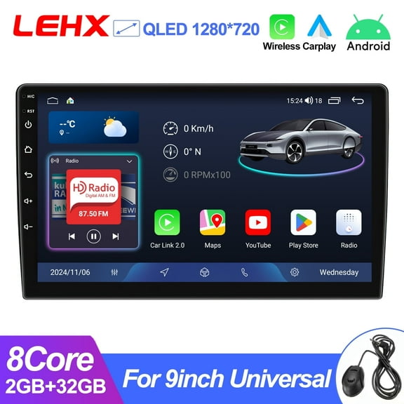 LEHX  8 Core 2G 32G 9inch Double Din Car Stereo Android 15 Wireless Carplay Android Auto QLED Screen Radio Bluetooth GPS WiFi