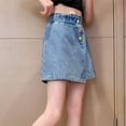 thumbnail image 5 of Girls Denim Shorts Size 10-12 Button Stretchable Short Pants Elastic High Waist Casual Summer Skirt Shorts Blue 120, 5 of 6