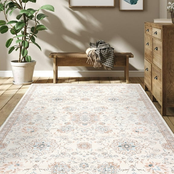 FairOnly 8'x10' Beige Living Room Area Rugs Oriental Floral Washable Rugs for Bathroom Ultra-Thin Low Pile Indoor Floor Rug Bedroom Carpet