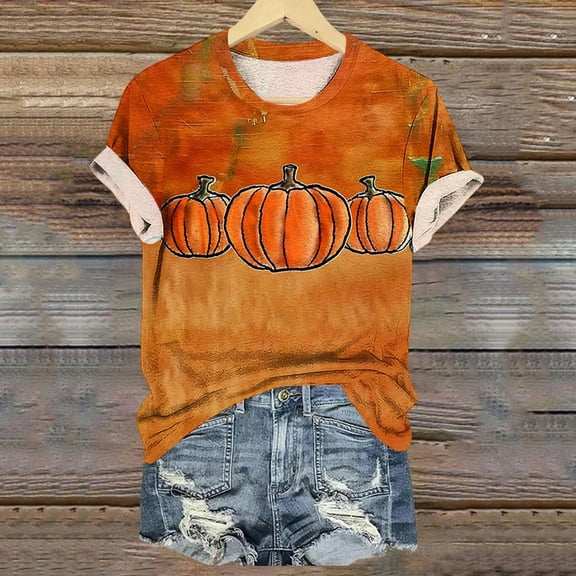 VKOYWKM Happy Thanksgiving Shirts Women Pumpkin Graphic Short Sleeve Fall T-Shirt Casual Crew Neck Loose Fit Blessed Tops Thanksgiving Halloween Shirt