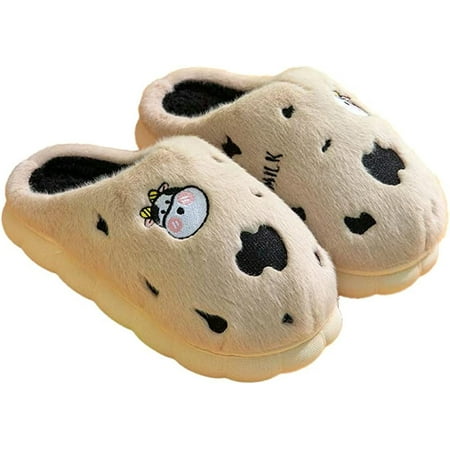 

PIKADINGNIS Cute Cow Print House Slippers for Women Men Soft Cozy Furry Fluffy Fur Wrap Heel Indoor Shoes