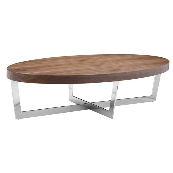 Tini 55 Inch Coffee Table, Oval Top, Chrome Frame, Walnut Brown Finish