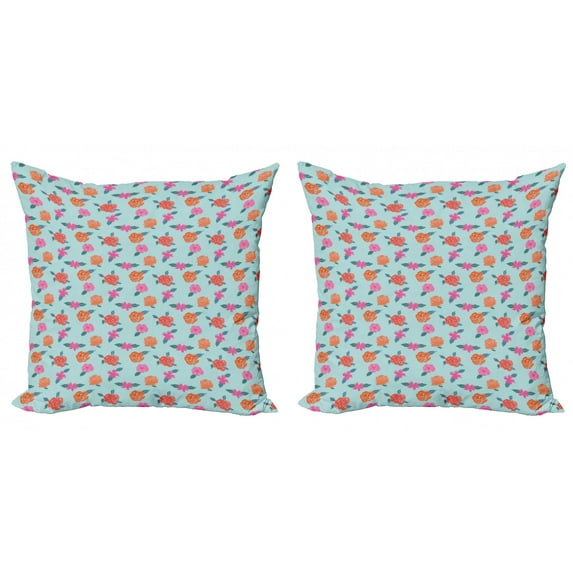 Floral Throw Pillow Cushion Cover Pack of 2, Abstract Hand-drawn Style Silhouettes of Pink and Orange Flowering Plants on Blue, Zippered Double-Side Digital Print, 4 Sizes, Multicolor, by Ambesonne