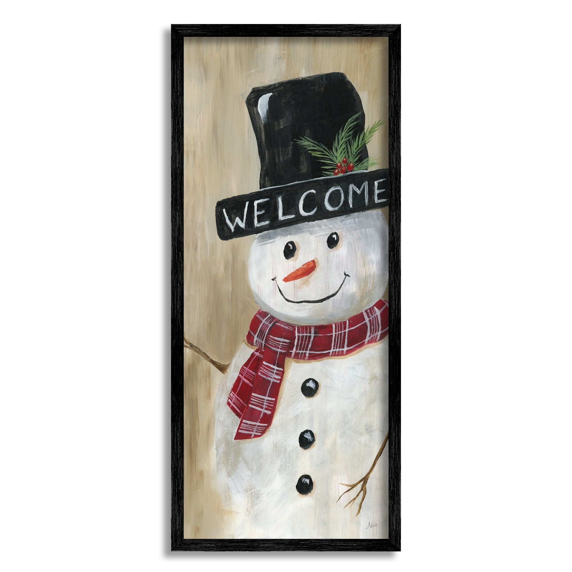 Stupell Industries Welcome Greeting Rustic Winter Snowman Festive Holly Hat, 13 x 30, Design by Nan